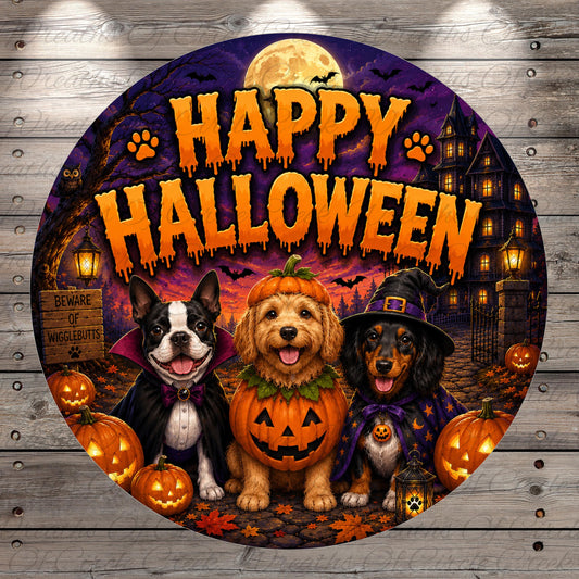A Halloween-themed illustration featuring three dogs dressed in costumes, with a full moon, bats, and jack-o-lanterns in the background.