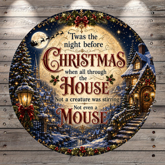 The image is a circular Christmas-themed sign with a winter landscape and holiday decorations. The sign features a quote about Christmas and a mouse, surrounded by a festive scene.
