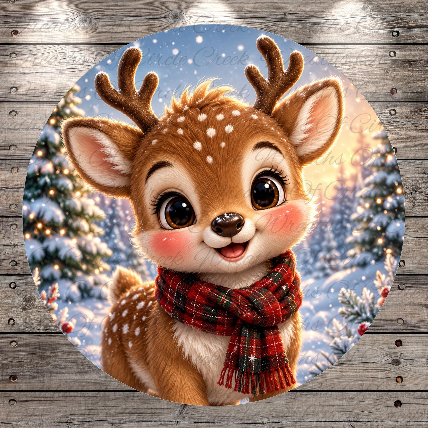 A cheerful cartoon deer with large eyes and antlers, wearing a red and black plaid scarf, is surrounded by a snowy winter landscape with Christmas trees and falling snowflakes.