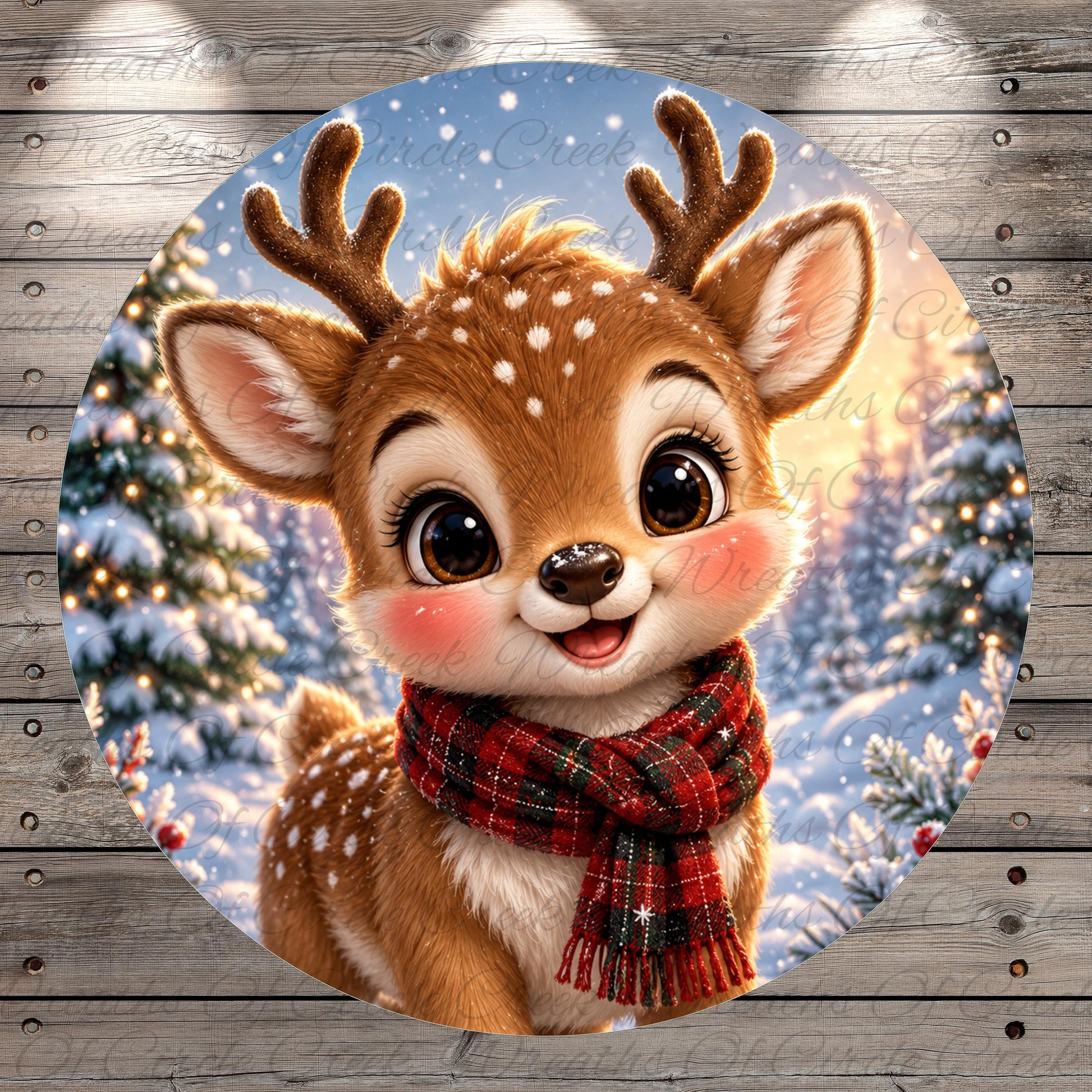 A cheerful cartoon deer with large eyes and antlers, wearing a red and black plaid scarf, is surrounded by a snowy winter landscape with Christmas trees and falling snowflakes.