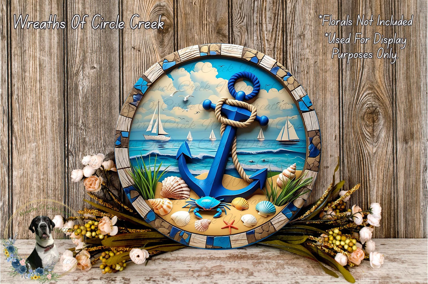 a decorative round frame with a nautical scene, including a blue anchor, sailboats, and seashells, surrounded by a floral arrangement and a wooden background.