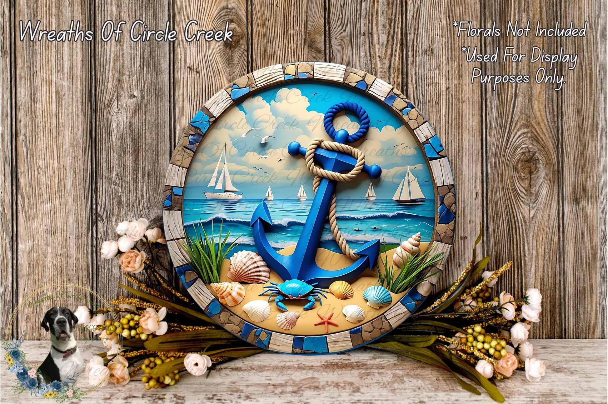 a decorative round frame with a nautical scene, including a blue anchor, sailboats, and seashells, surrounded by a floral arrangement and a wooden background.