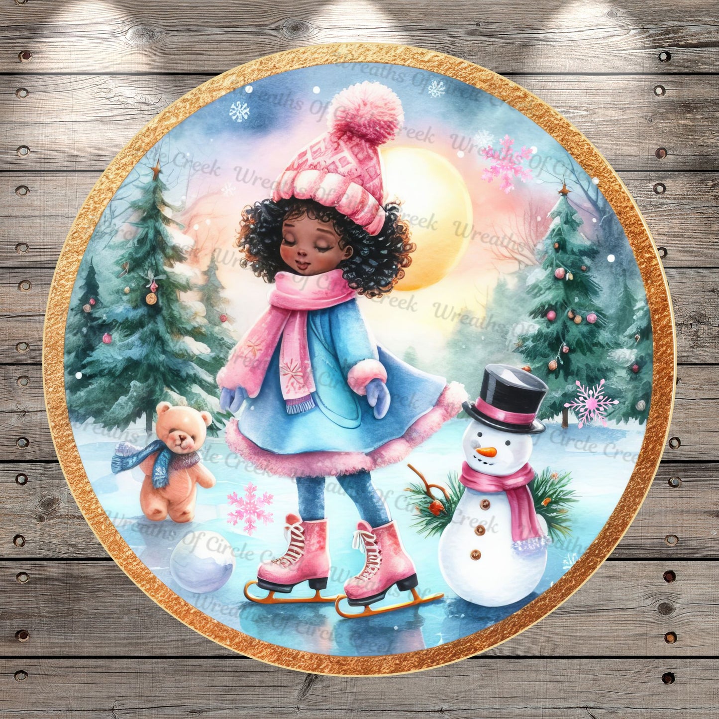 Ice Skating, Little Girl, Bear, Snowman, Pink, Blue, Winter Scene, Round, Light Weight, Metal, Wreath Sign, No Holes In Sign