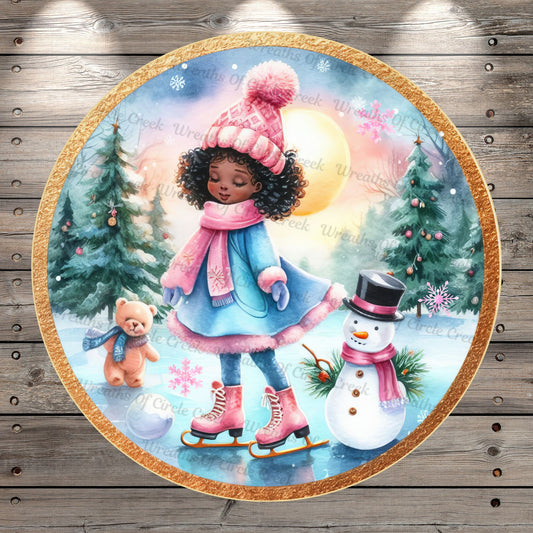 Ice Skating, Little Girl, Bear, Snowman, Pink, Blue, Winter Scene, Round, Light Weight, Metal, Wreath Sign, No Holes In Sign