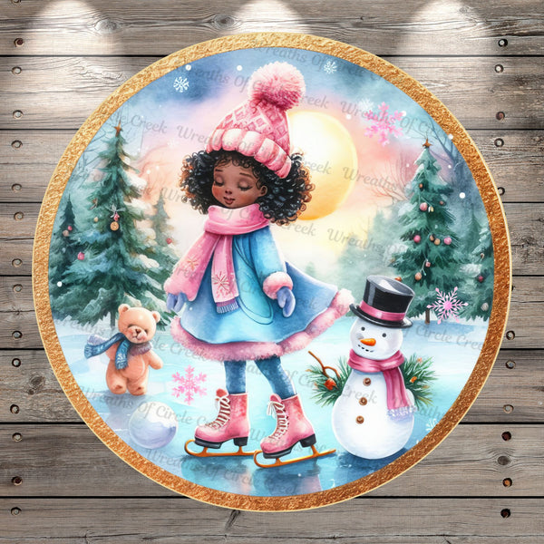 Ice Skating, Little Girl, Bear, Snowman, Pink, Blue, Winter Scene, Round, Light Weight, Metal, Wreath Sign, No Holes In Sign