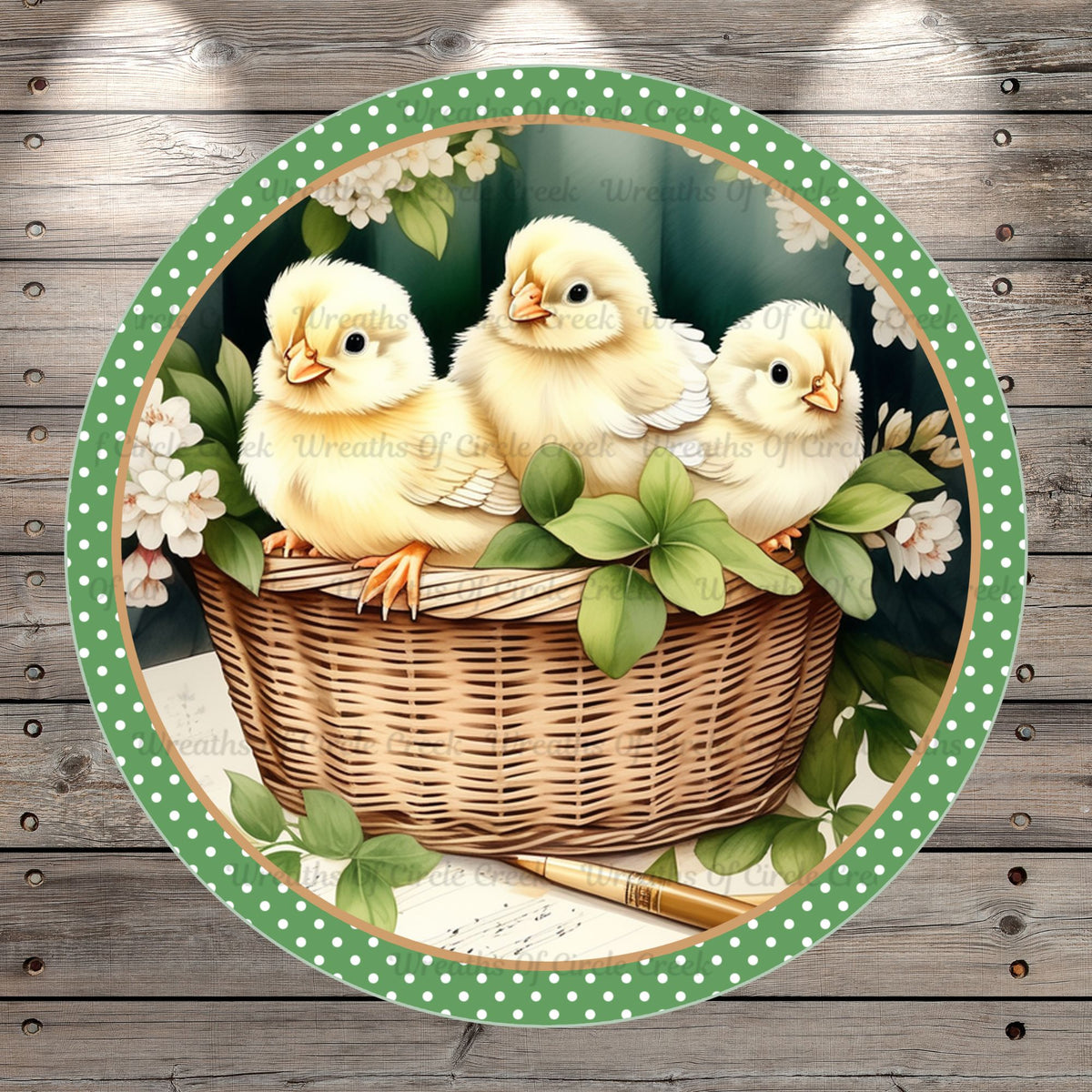Welcome, Spring Chicks, In Basket, Light Weight, Metal Wreath Sign, Round, With No Holes