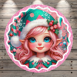 Christmas Elf, Girl, Pink and Teal, Candy Land, Merry Christmas, Retro, Pink Glitter, Border, Round, Light Weight, Metal, Wreath Sign, No Holes In Sign