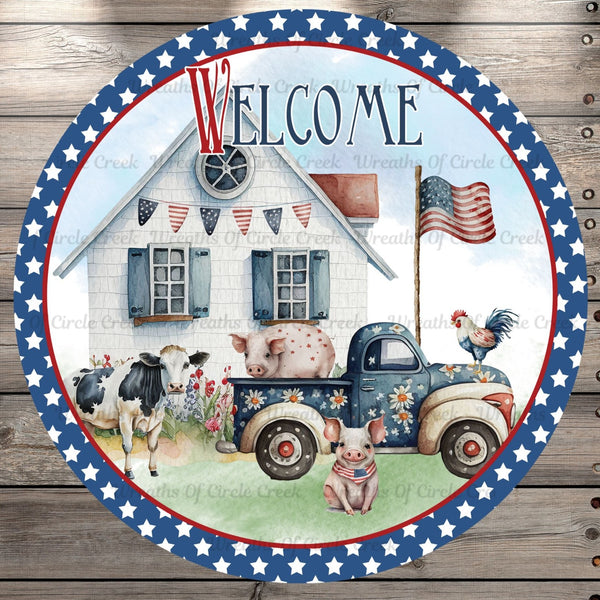 Welcome, Farmhouse Scene, Farm Animals, Florals, Star Border, Light Weight, Metal Wreath Sign, Round, No Holes