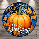 Welcome Fall Pumpkin, Blue and Orange, Light Weight, Metal Wreath Sign, No Holes In Sign