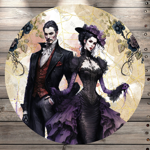 Vampire Couple, Purple Dress, Halloween, Wedding, Vintage, Victorian, Round UV Coated, Metal Sign, No Holes