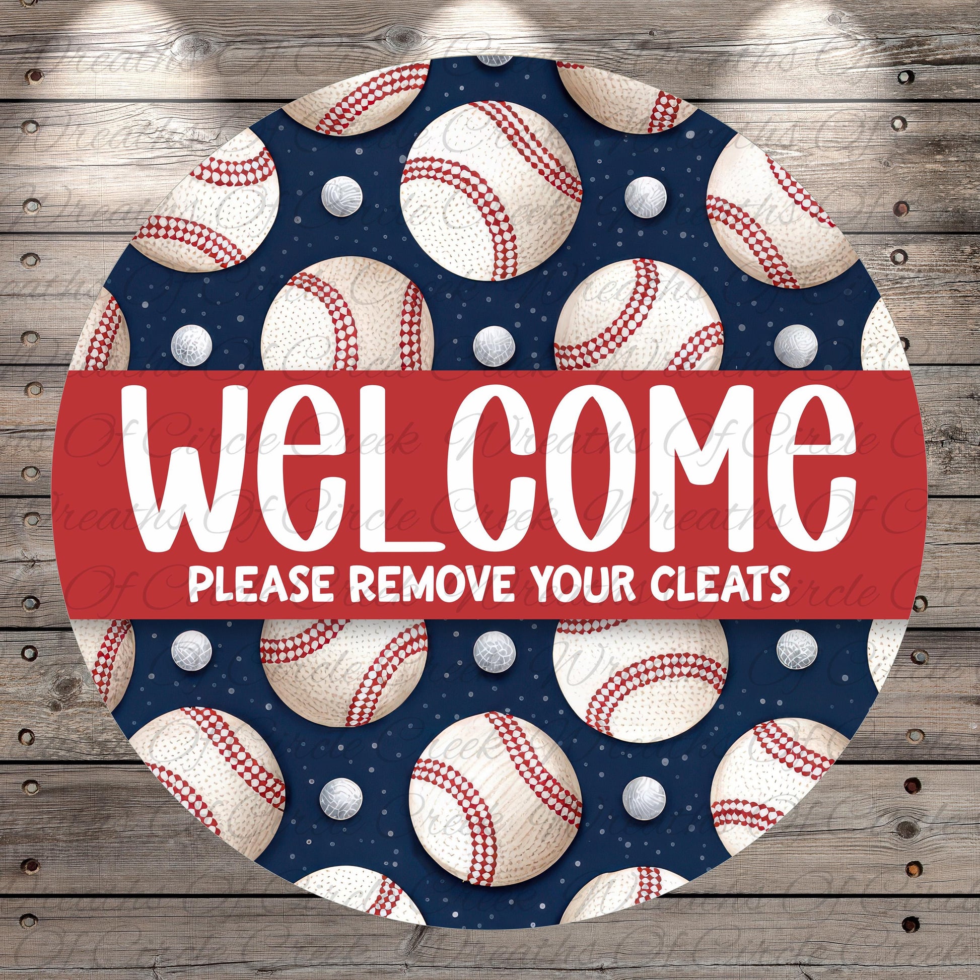 a circular sign with a baseball theme, displaying multiple baseballs and balls in various sizes and colors against a dark blue background. The sign also includes the text "Welcome Please remove your cleats" in a red banner.