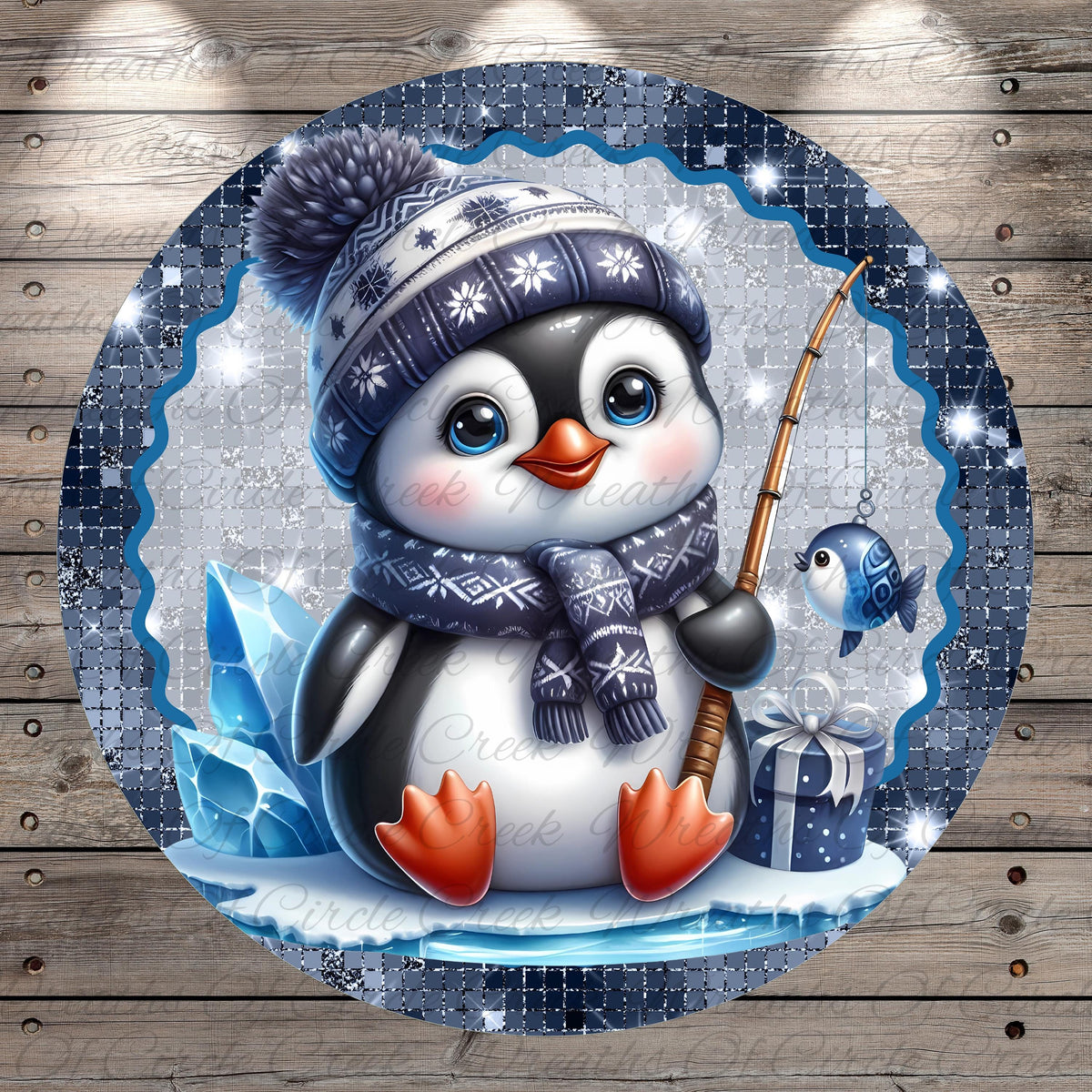 A cute cartoon penguin wearing a winter hat and scarf sits on a snowy surface, holding a fishing rod and a gift box.
