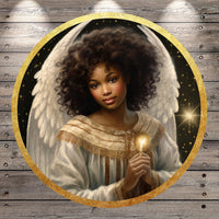 a young woman with curly hair, wearing a white robe and holding a golden staff, set against a starry night sky background.