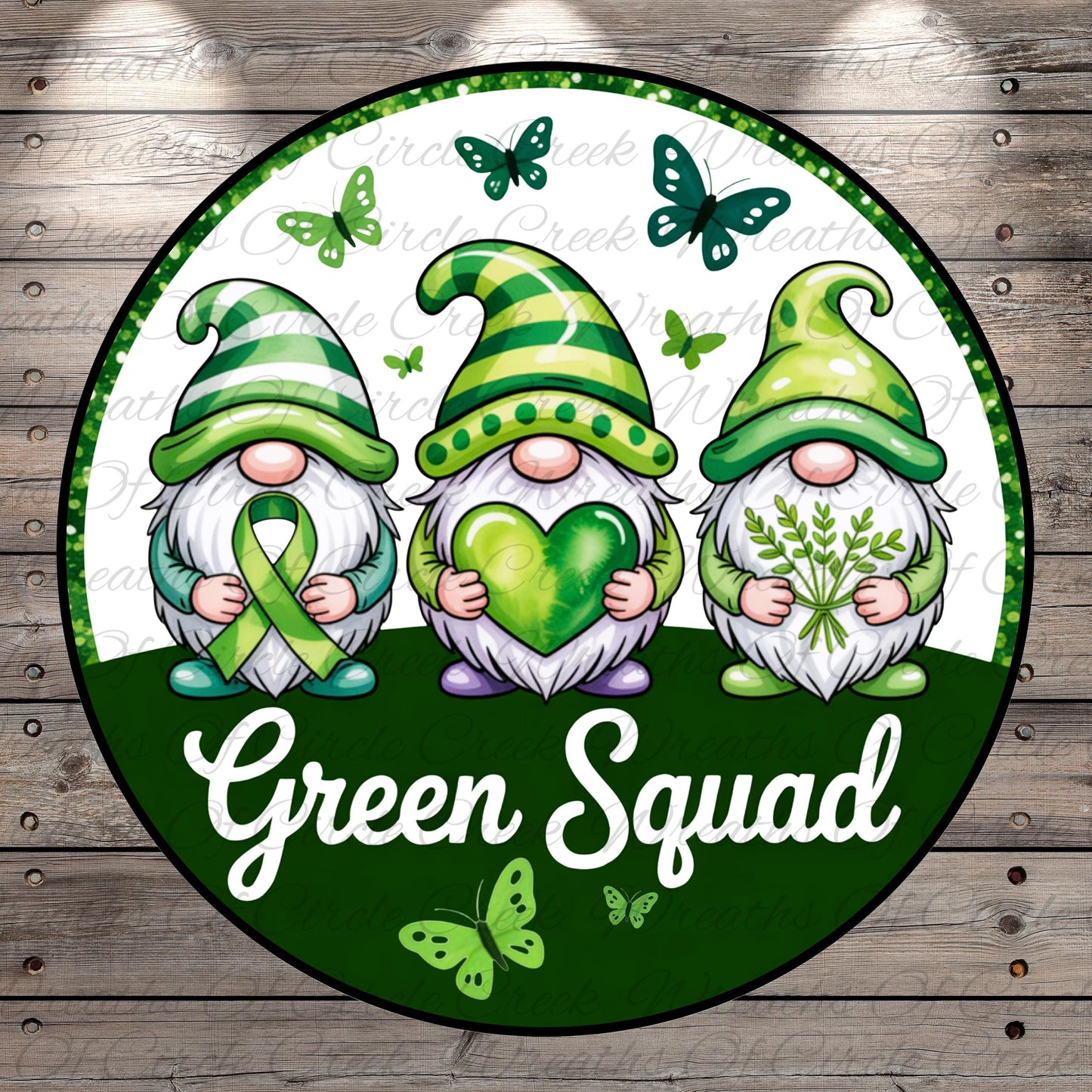 a green sign with three gnomes holding a heart