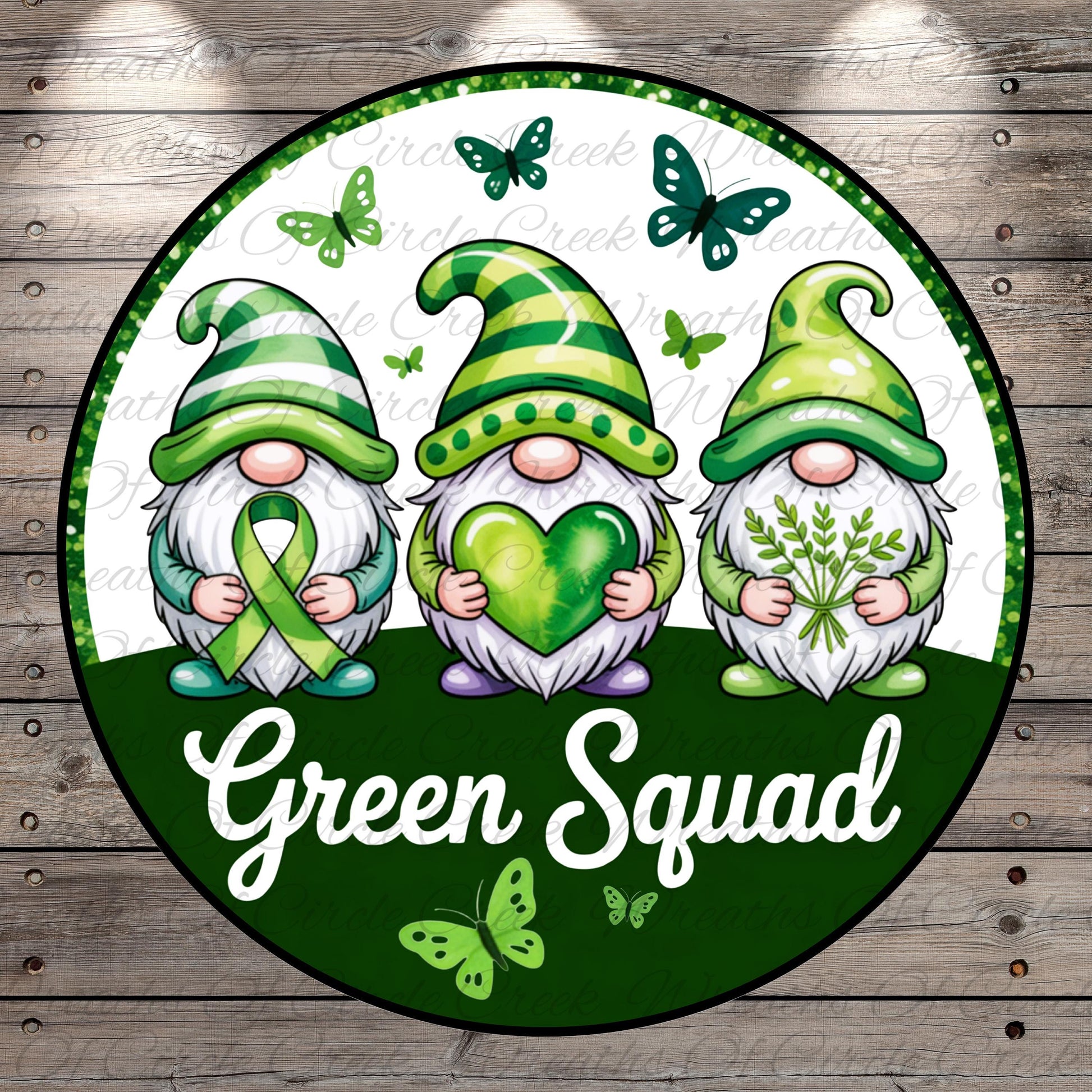 a green sign with three gnomes holding a heart