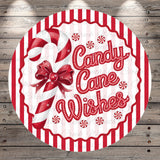 A round, red and white sign with the text "Candy Cane Wishes" and a candy cane decoration.
