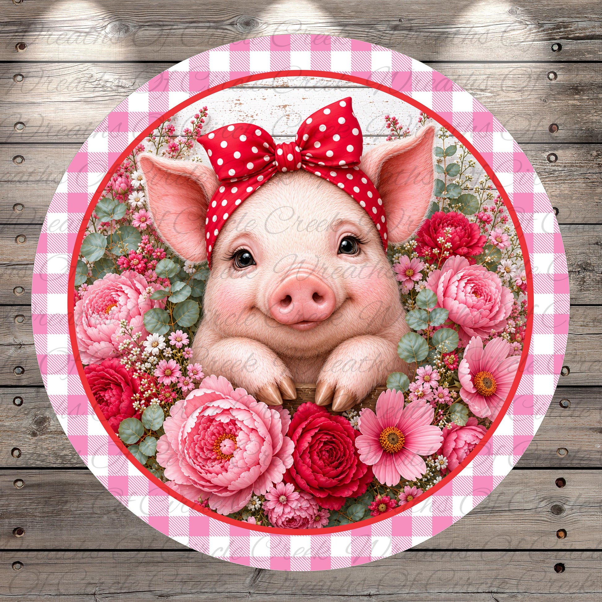 A cute, smiling pig wearing a red polka dot bow, surrounded by a colorful floral arrangement.