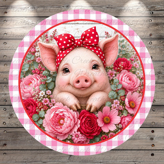 A cute, smiling pig wearing a red polka dot bow, surrounded by a colorful floral arrangement.