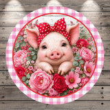 A cute, smiling pig wearing a red polka dot bow, surrounded by a colorful floral arrangement.