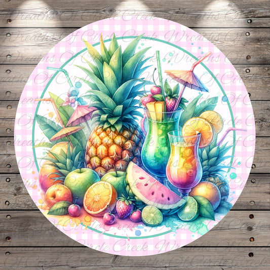 A vibrant and colorful illustration of various tropical fruits and drinks, including a pineapple, watermelon, and two colorful cocktails, all set against a pink and green checkered background.