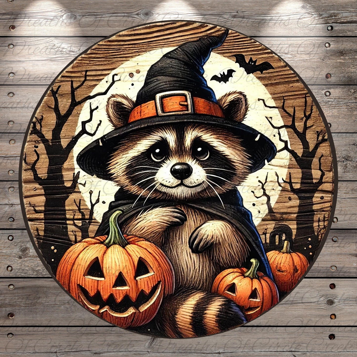 A raccoon wearing a witch's hat and holding a carved pumpkin, surrounded by jack-o-lanterns and a full moon, creating a spooky Halloween scene.