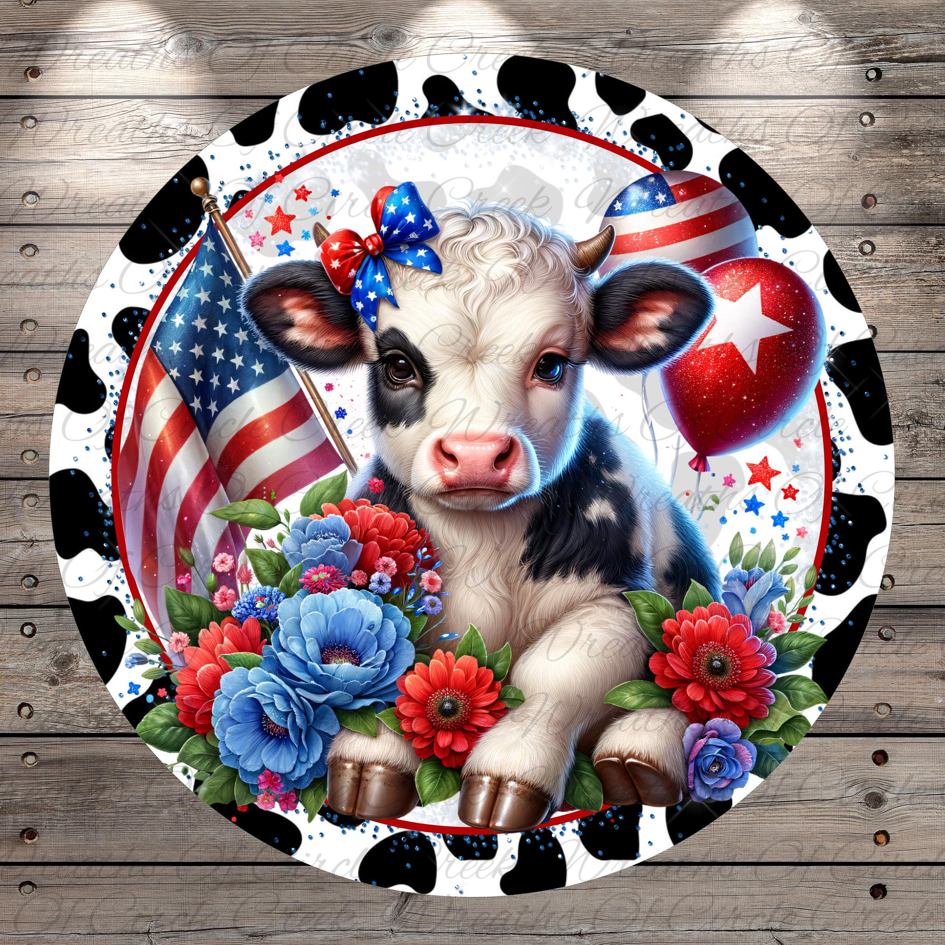 A cow is surrounded by a patriotic theme, featuring an American flag, a red heart, and colorful flowers.