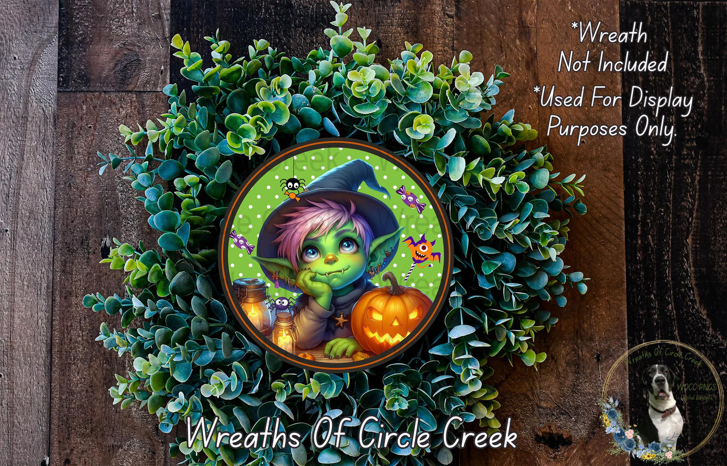 Halloween Witch Goblin Round Tin Sign, Spooky Pumpkin Wall Decor, Witch Hat Kids Room Art, Green Purple Fall Decoration, Unique Gift Idea