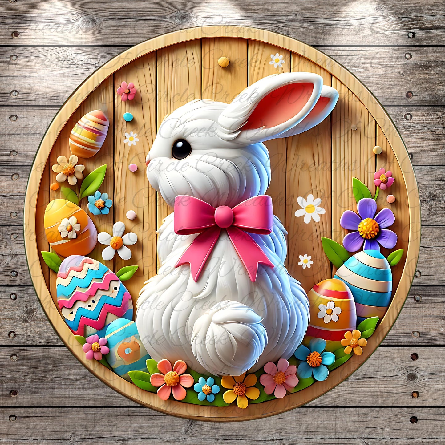 A decorative Easter bunny figurine is surrounded by colorful Easter eggs, flowers, and other festive elements on a wooden board.