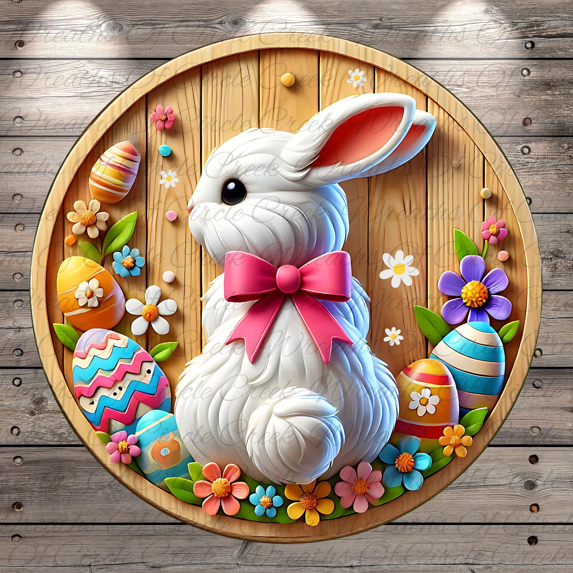 A decorative Easter bunny figurine is surrounded by colorful Easter eggs, flowers, and other festive elements on a wooden board.