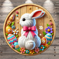 A decorative Easter bunny figurine is surrounded by colorful Easter eggs, flowers, and other festive elements on a wooden board.