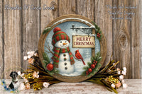 A snowman wearing a red and green scarf, holding a "Merry Christmas" sign, surrounded by a wreath of flowers and a bird, with a wooden background.