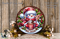 A festive holiday-themed plate with a snowman, hot cocoa, and holiday decorations, including flowers and greenery, set against a wooden background.
