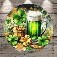 Green Beer, Happy St. Patrick’s Day, Shamrocks, Gold, Green, Watercolor, Round, Light Weight, Metal Wreath Sign, No Holes UV Coated