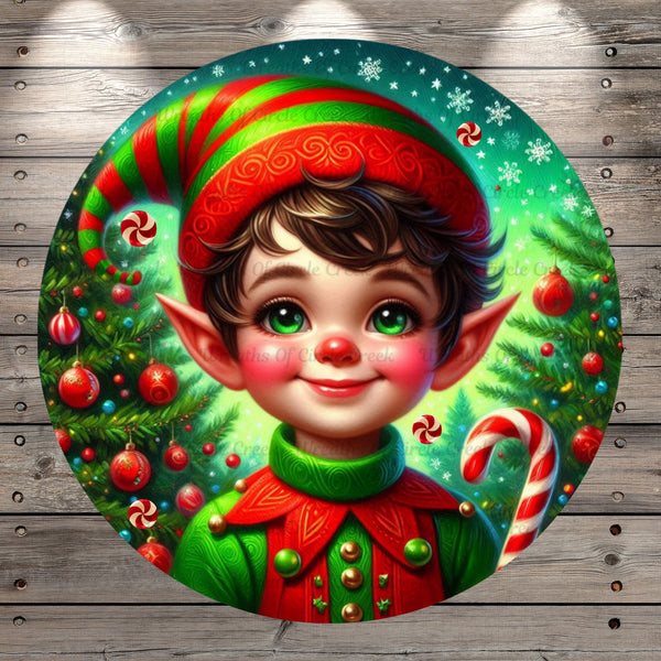 Classic Christmas Elf, Retro, Candy Canes, Red, Green, Round, Light Weight, Metal ,Wreath Sign, No Holes In Sign