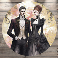 Vampire Couple, Black Dress, Halloween, Wedding, Vintage, Victorian, Round UV Coated, Metal Sign, No Holes
