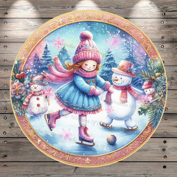 Ice Skating, Little Girl, Snowmen, Pink, Blue, Winter Scene, Round, Light Weight, Metal, Wreath Sign, No Holes In Sign