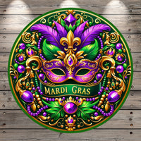 Mardi Gras, Purple Mask, Feathers, Jewels, Collage, Purple, Gold, Green, Round, Light Weight, Metal Wreath Sign, No Holes In Sign