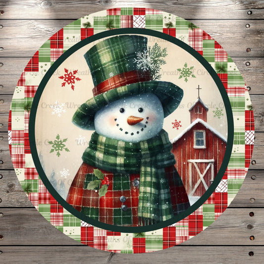 Vintage Snowman, Green Plaid Top Hat, Red Barn, Winter Scene, Round, Light Weight, Metal Wreath Sign, No Hole