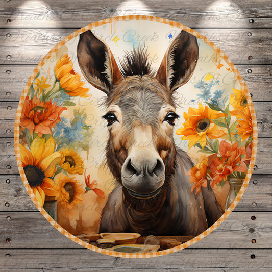 A donkey with a cheerful expression is surrounded by vibrant sunflowers and other flowers, creating a lively and colorful scene.