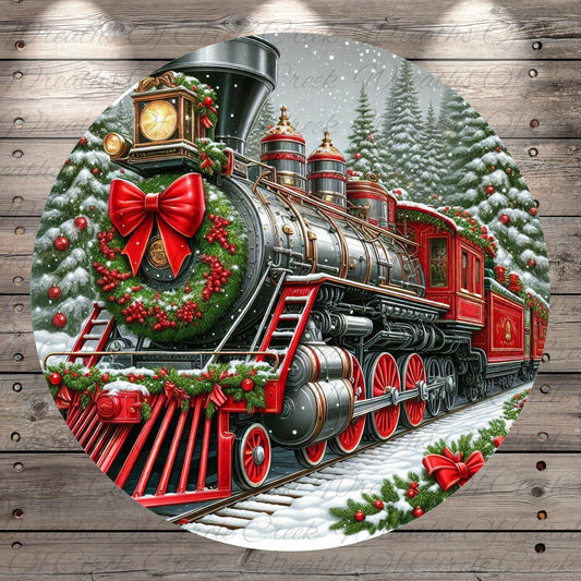 A vintage-style locomotive train adorned with Christmas decorations, including a wreath and red bows, is traveling through a snowy landscape with pine trees in the background.