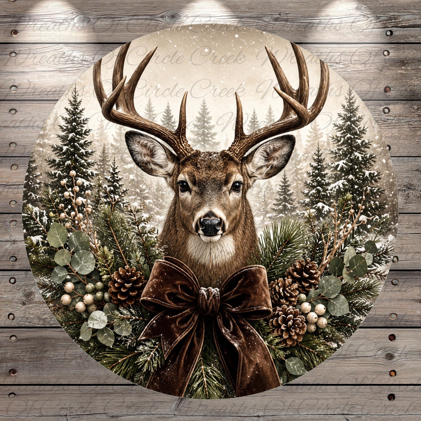 A deer with large antlers stands in a wreath of pine branches, pine cones, and berries, surrounded by a snowy forest backdrop.