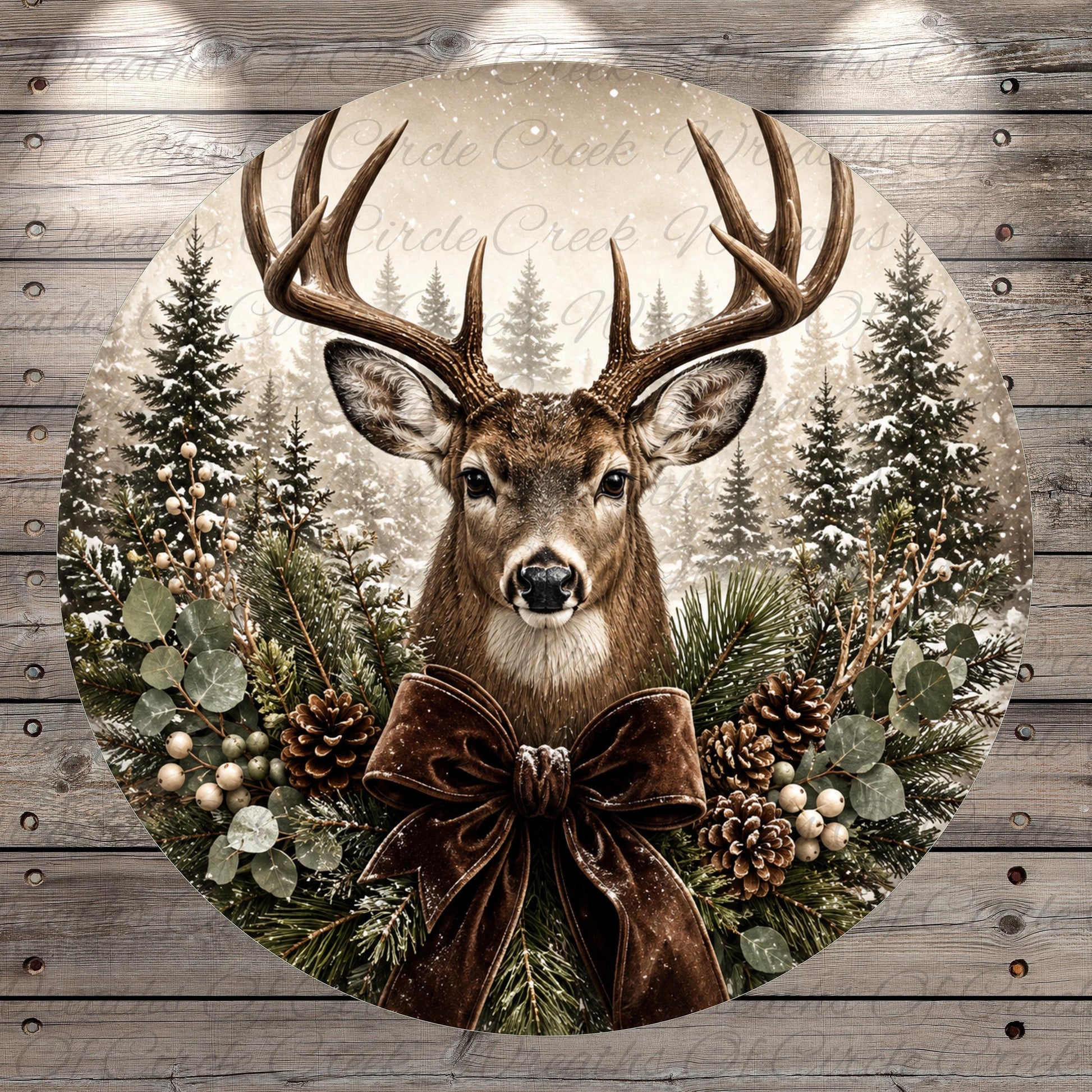 A deer with large antlers stands in a wreath of pine branches, pine cones, and berries, surrounded by a snowy forest backdrop.