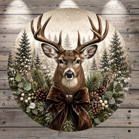A deer with large antlers stands in a wreath of pine branches, pine cones, and berries, surrounded by a snowy forest backdrop.