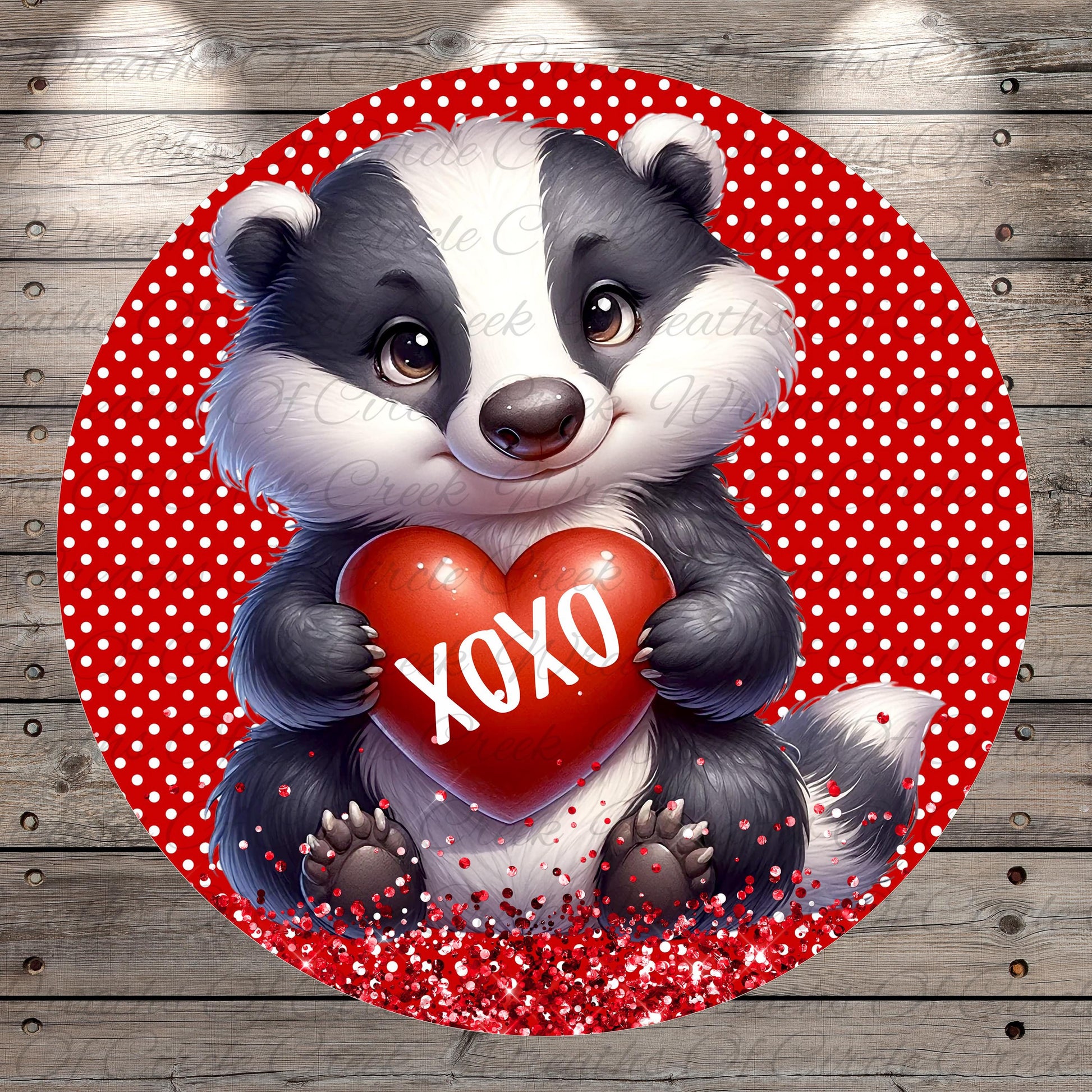 A cute cartoon badger holding a red heart with the word "XOXO" written on it, surrounded by red polka dots on a red background.