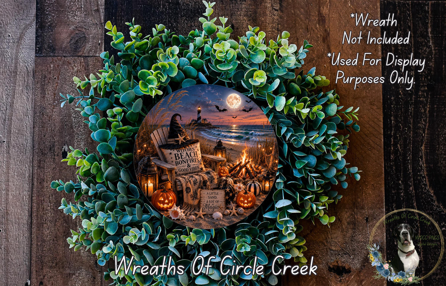A wreath made of green leaves and pumpkins, with a circular image of a beach scene inside it. The wreath is displayed on a wooden wall, and there is a text overlay that says "Wreath Not Included * Used For Display Purposes Only".