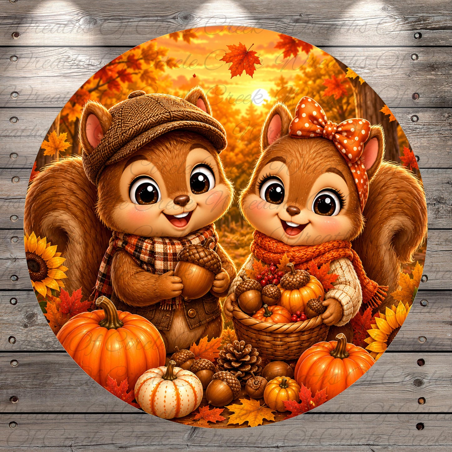 A pair of cartoon squirrels dressed in autumn-themed clothing, surrounded by pumpkins, gourds, and leaves, against a backdrop of a sunset.
