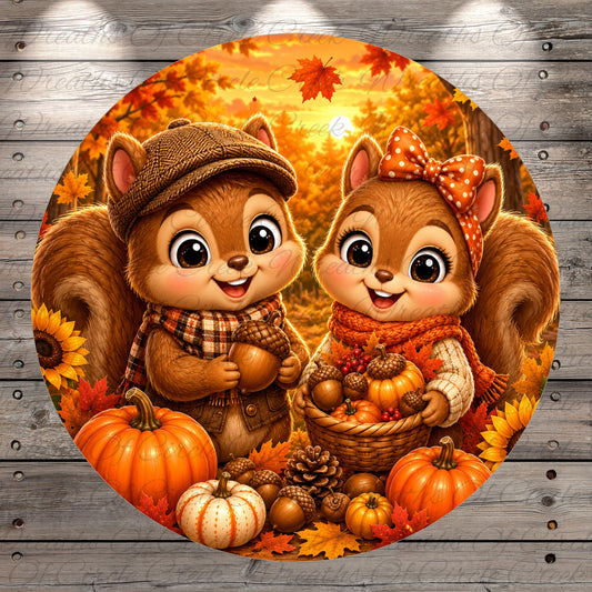 A pair of cartoon squirrels dressed in autumn-themed clothing, surrounded by pumpkins, gourds, and leaves, against a backdrop of a sunset.
