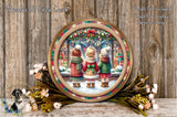three children standing in front of a Christmas wreath, with a snowy background and holiday decorations.