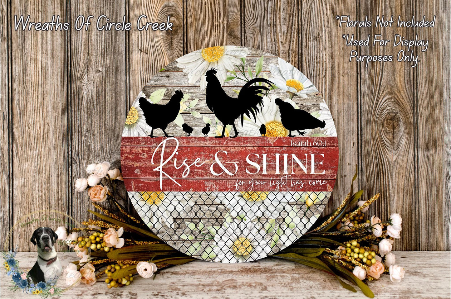 a decorative sign with a floral design and the text "Rise & Shine" on it, placed on a wooden surface. The sign is surrounded by flowers and a wire mesh, creating a rustic and charming atmosphere.