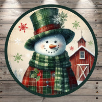 Vintage Snowman, Green Plaid Top Hat, Red Barn, Winter Scene, Round, Light Weight, Metal Wreath Sign, No Hole